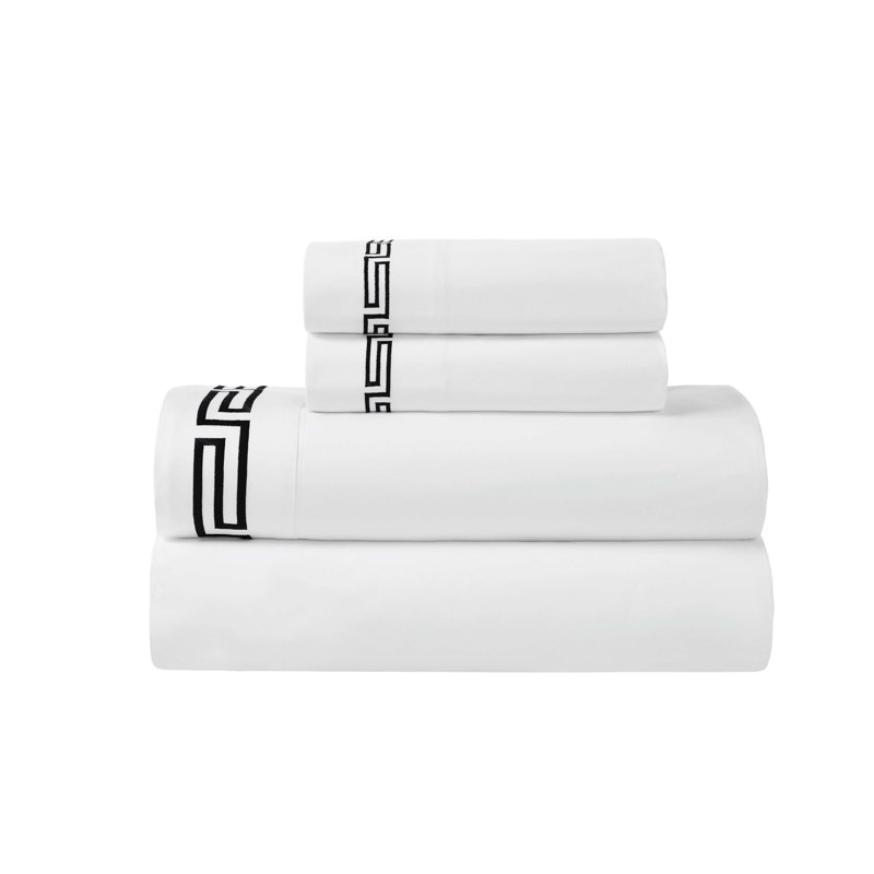 Harrison Cotton Greek Key Embroidered Deep Pocket Bed Sheet Set by Superior, Twin Extra Long 3pc Set, White/Black