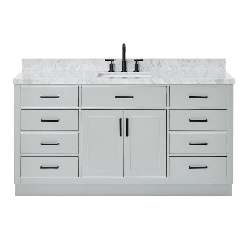 Meuble-lavabo simple en bois massif 66 po avec plateau en marbre de Carrare Tidworth, Gris, Forme rectangulaire