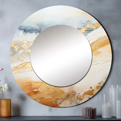 Or et bleu plage sable Fusion III - miroir mural unique côtier, miroir rond côtier, impression d'art en métal
