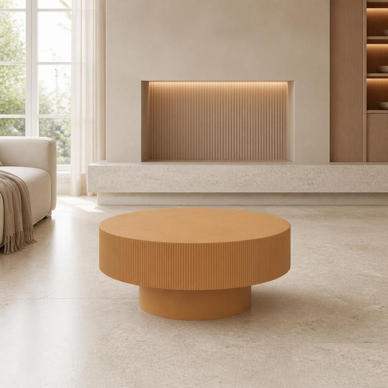 Table basse ronde moderne avec plateau de table épais, table centrale cannelée minimaliste facile à assembler, table d'appoint robuste de style tambour