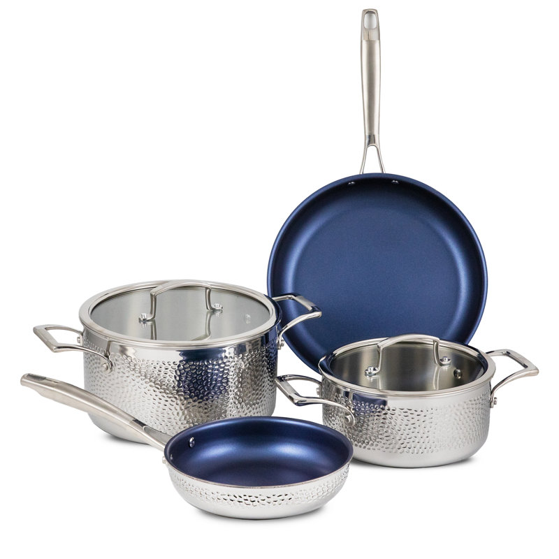6-Piece Hammered Stainless Steel Non-Stick Cookware Set with Blue Interior