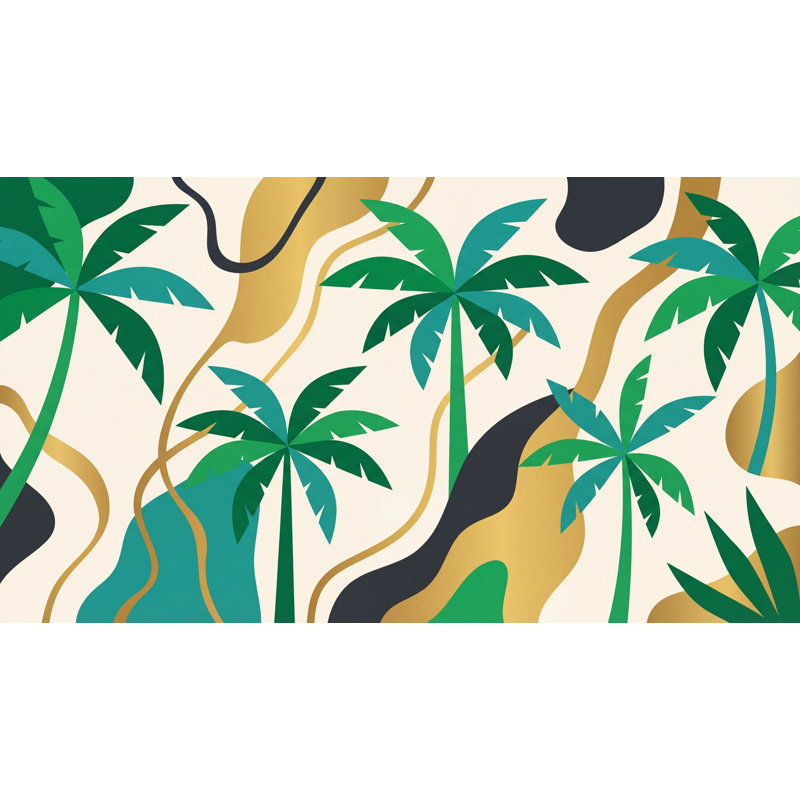 Papier peint palmiers tropicaux avec vagues abstraites vertes et bleu sarcelle, 140 po x 108 po, Peler et coller