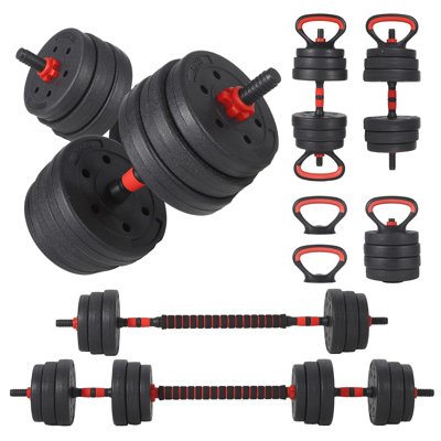 Ensemble d'haltères réglables 4 en 1 de 25 kg (55 lb) – Convertible en haltères, barre, kettlebell et support pour pompes, équipement de conditionnement physique pour salle de sport à domicile pour un entraînement complet du corps