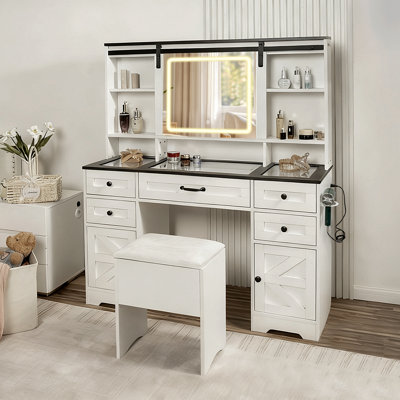 LED Makeup Vanity Desk with Mirror, Glass Top, Outlet, and Storage Cabinet
