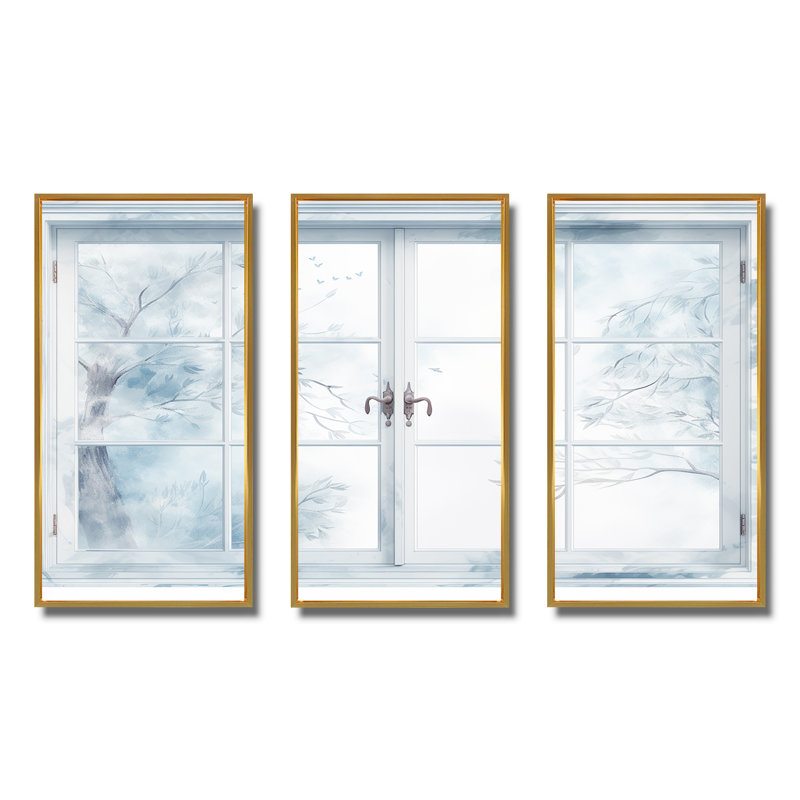 Frosty Winter Window View - Winter Landscape, art mural, Cadre flottant doré, H 32 po x l 48 po x P 1 po