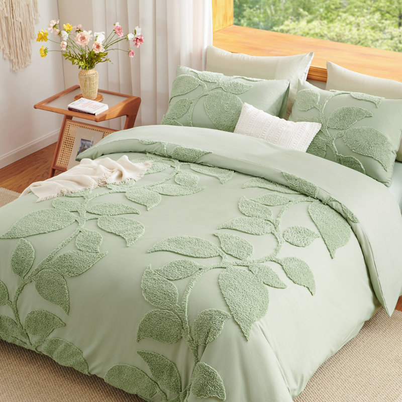 Ensemble de housse de couette Green Toufted Bedding Soft Botanical Palm Leaf, Housse de couette grand + 2 taies d'oreiller