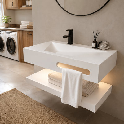 Meuble-lavabo suspendu en résine de pierre de 36 pouces en forme de V avec éclairage DEL activé par le mouvement, tablette ouverte et siphon en P