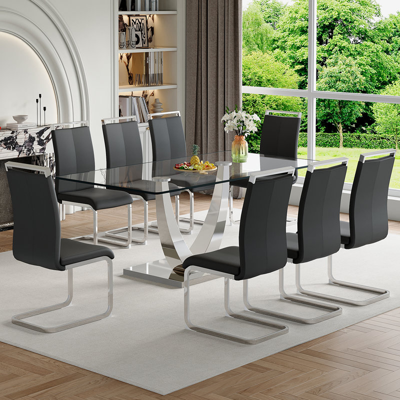 Glass Dining Table Set, Black, 9
