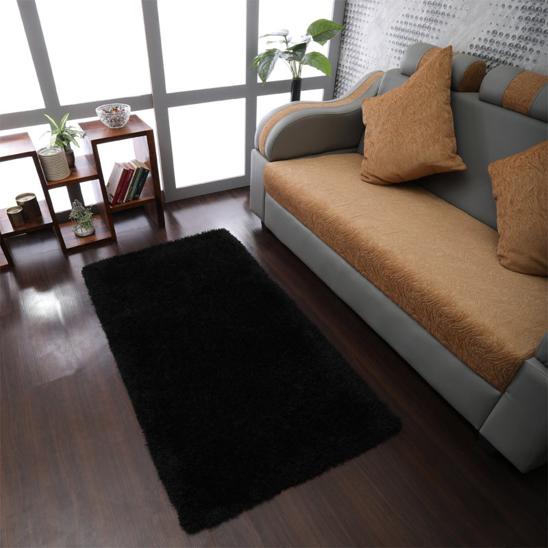 Kenshawn Hand Tufted Shag Polyester Eco-Friendly Area Rugs - Rectangle, Black Color, Plain Solid Design, High Pile Thick Handmade Anti Skid Area Rugs for Living Room, Bed Room