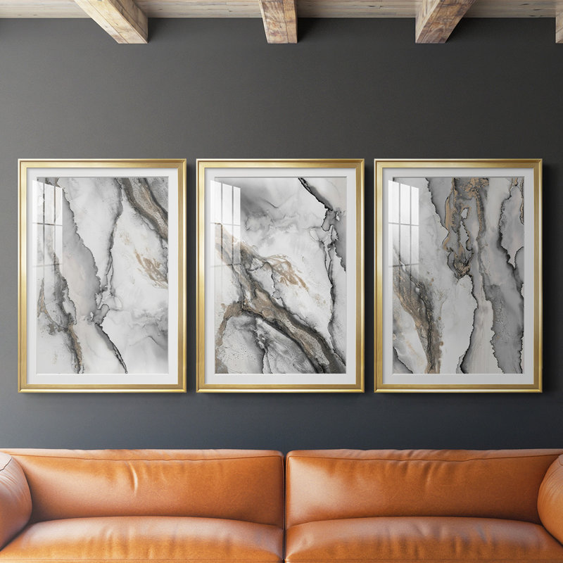 " Abstract Ink Fantasy I " 3 - Pieces, Gold Framed, 42.5" H x 91.5" W x 2.5" D