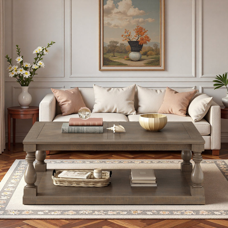 Table basse rétro avec pieds de colonne de vase, placage de pin et tablette inférieure, Brun