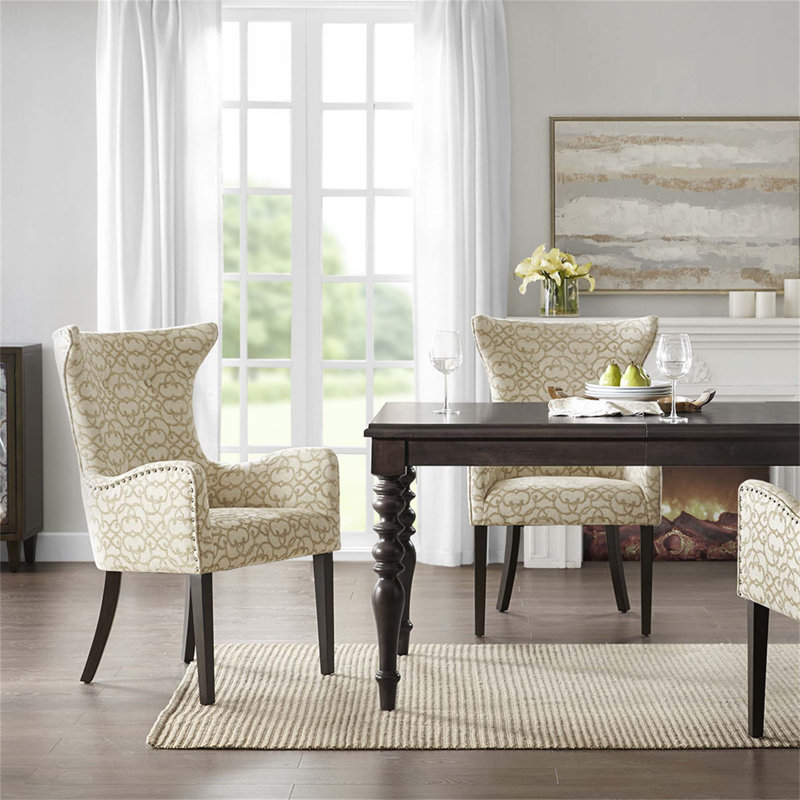 Tan Linen Upholstered Arm Chairs with Wood Legs, Set of 2
