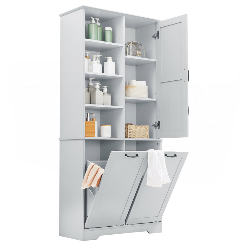 Bathroom Storage Cabinet With Doors And Drawers, Tilt-Out Laundry Hamper, Multiple Storage Space, Freestanding Style, Open Shelve, Adjustable Shelf, Gray