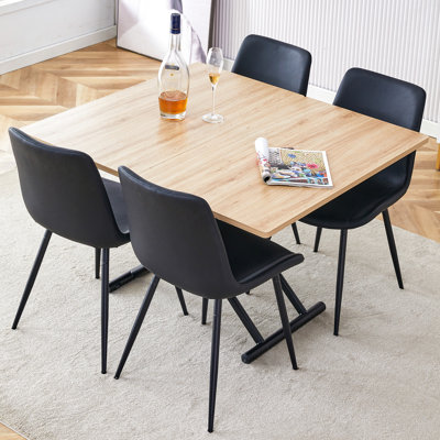Table multifonctionnelle: table élévatrice, grain de bois, pieds en métal noir et 4 chaises confortables, plateau de table texturé, unité centrale