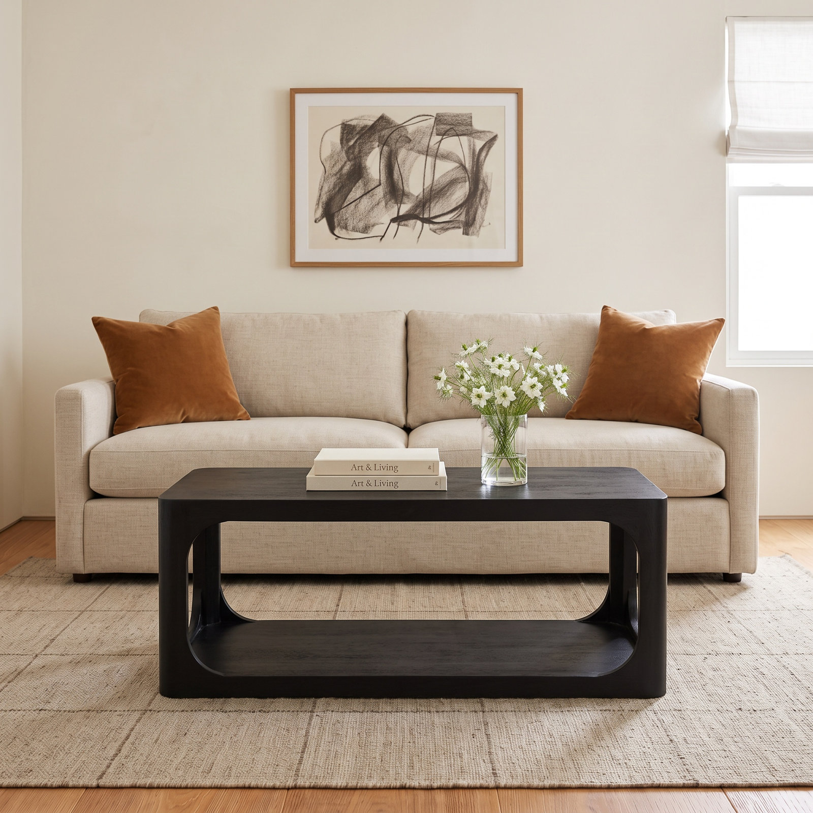 Sybil Solid Wood Coffee Table, 16" H x 42" W x 22" D, Black