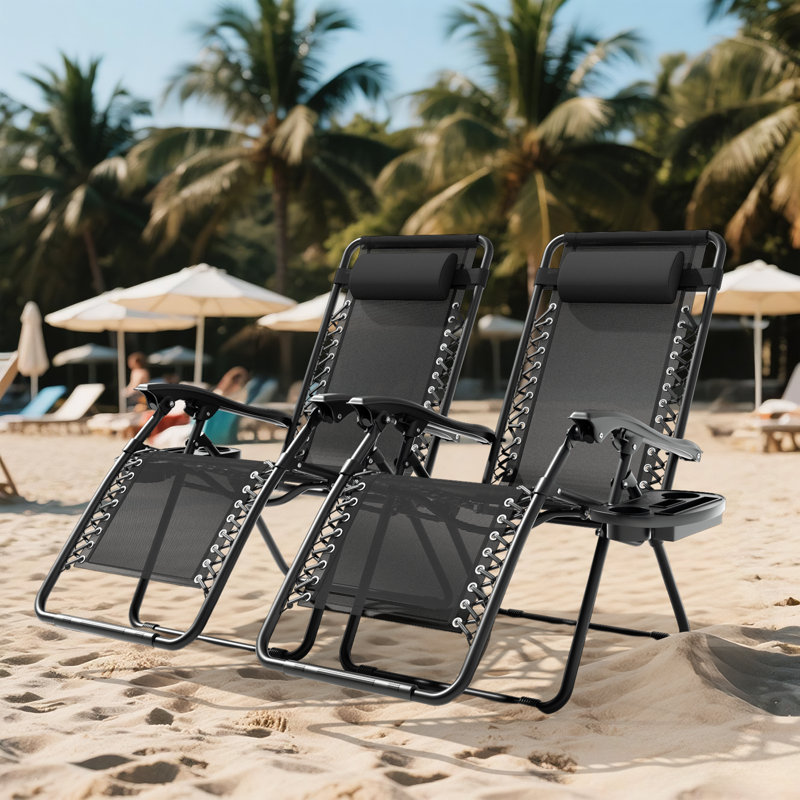 Chaises longues réglables à hauteur zéro détachables avec plateau et coussins d'appui-tête détachables pour terrasse pliable d'une capacité de 330 lb