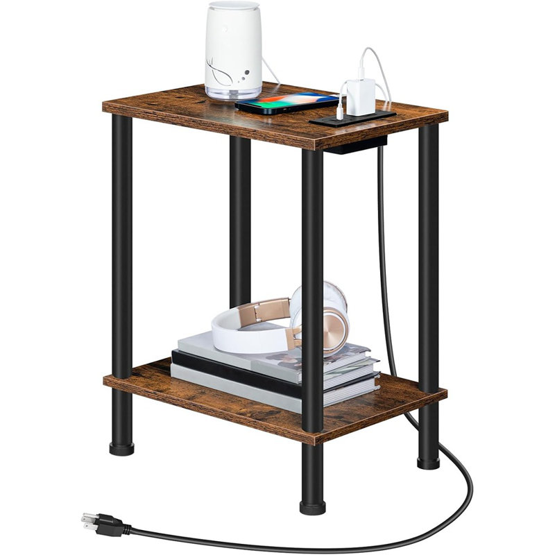 Side Table With Charging Station, End Table With USB Port And Outlet, Nightstand With 2-Layer Storage Shelves For Small Spaces, Living Room, Bedroom, Stable Frame, Rustic Brown BF09UBZ01