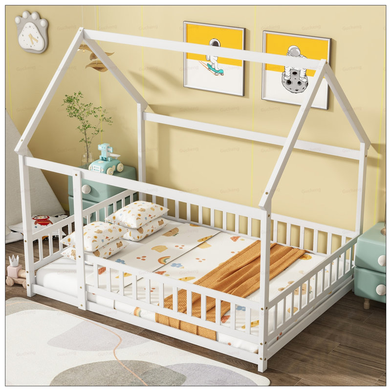Lit double en bois avec structure de toit, garde-corps de sécurité et fabrication en bois d'hévéa durable pour les chambres d'enfants