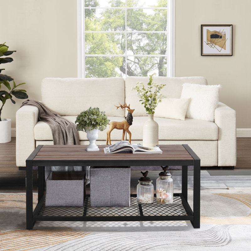 Rectangular Coffee Table With Solid Wood Table Topand Shelf