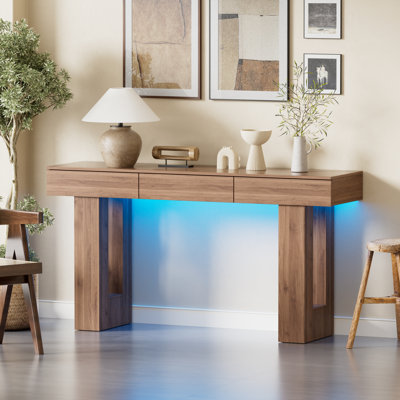 63-inch Long Console Table With Colorful Led Lights And 3 Drawers, Wooden Rectangular Sofa Table Behind The Couch, Farmhouse Entryway Table For Entran