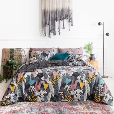 Black Botanical Duvet Cover King 100% Cotton 3 Pcs Set 1 Colorful Bohemian Floral Duvet Cover with Zipper Ties 2 Pillowcases Farmhouse Blue Yellow Tropical Leaves Print Bedding Set