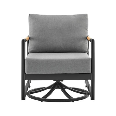 Fauteuil de jardin pivotant Crown Outdoor Patio Glider en aluminium noir et bois de teck avec coussins gris