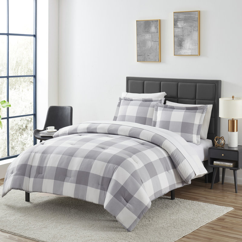 Herringbone Weave Buffalo Check Bed in a Bag Comforter & Sheet Set, King Comforter + 6 Additional Pieces, Gray