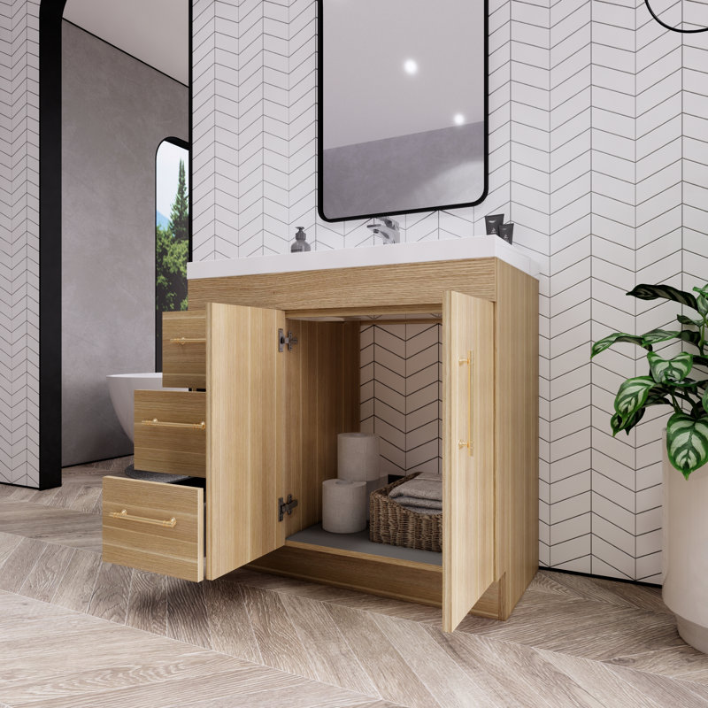 Maplesville Single Bathroom Vanity with Acrylic Top, Champagne Oak