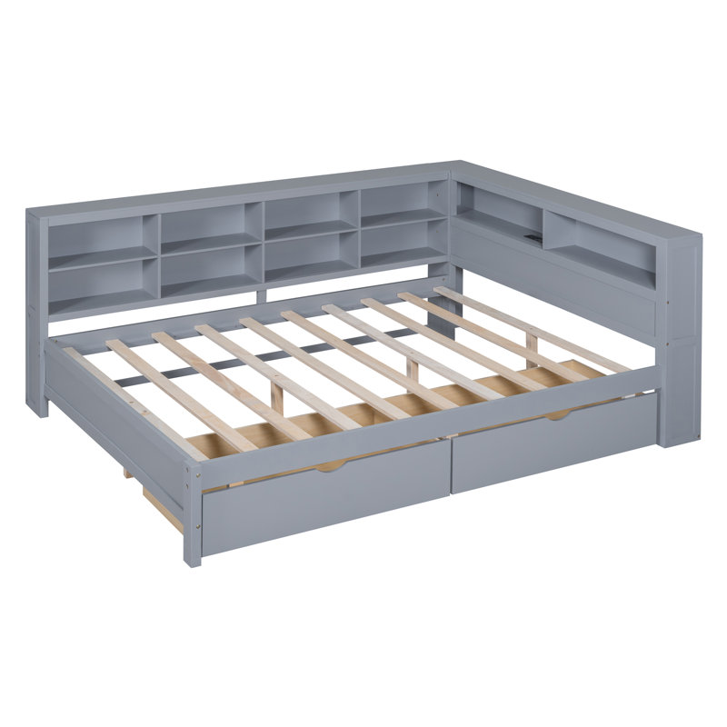 Lit de jour double en bois avec 2 tiroirs, Gris