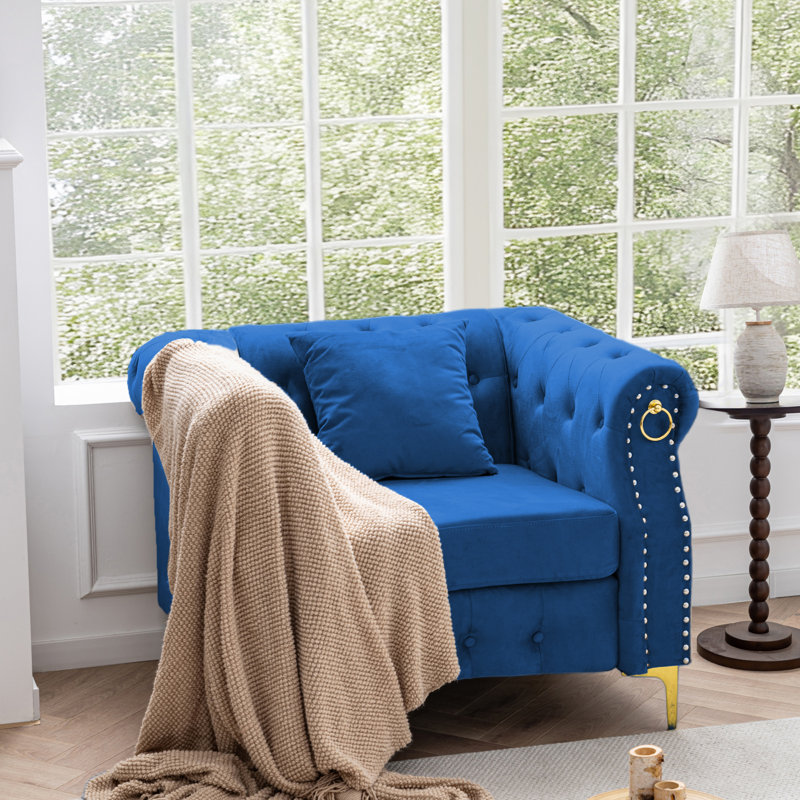  40.9" Velvet Chesterfield Chair, Blue