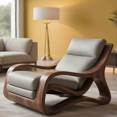 Canapé de loisir de 31,50 po de style italien minimaliste de luxe, gris clair, cadre en bois de frêne massif et cuir de qualité supérieure