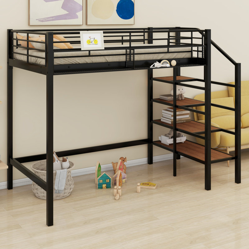 Lit mezzanine en métal avec tablette de rangement supérieure et échelle de rangement latérale, Noir