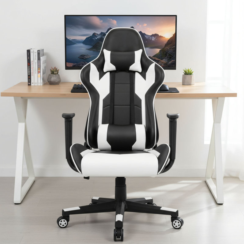 White Executive Ergonomic Chair, Adjustable Swivel With Headrest And Lumbar Support, High-Back Computer Chair For Office, Gaming, And Racing.