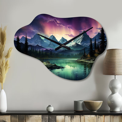Northern Lights Celestial Symphony I - Aurora Borealis Asymmetrical Metal Wall Clock, Traditional Cloud Wall Clock Print