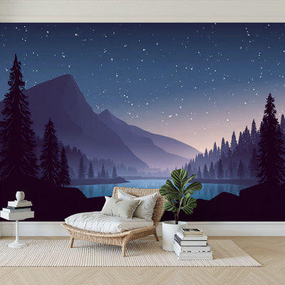 Papier peint adhésif auto-adhésif moderne l 96 po x H 69 po pour chambre à coucher paysage de montagne paysage plat nuit paysage de sapins