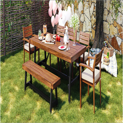 Ensemble de salle à manger en bois pour 7 à 8 personnes GO, meubles de salle à manger d'extérieur avec coussins amovibles, chaises et banc ergonomiques, table plus épaisse
