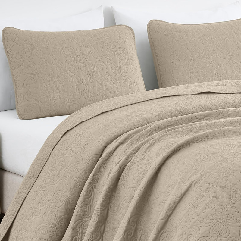 Luca 3-Piece Lightweight Microfiber Oversized Bedspread Set, King Coverlet/Bedspread + 2 King Shams, Khaki