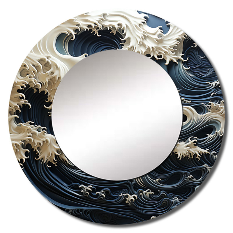 Abstrait bleu et blanc, tempête océanique - miroir unique côtier, grand miroir mural rond bleu, impression d'art en métal