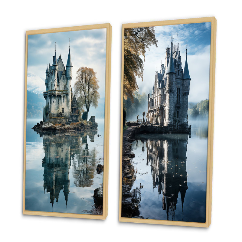 «Castles Dreamy Reflections», 2 pièces sur toile, H 20 po x l 24 po, Encadrement brun
