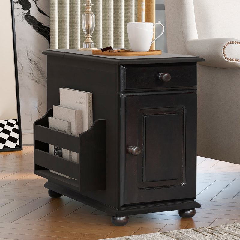 Table d'appoint à plateau rabattable avec ports USB, un tiroir multifonctionnel avec porte-gobelets, Espresso