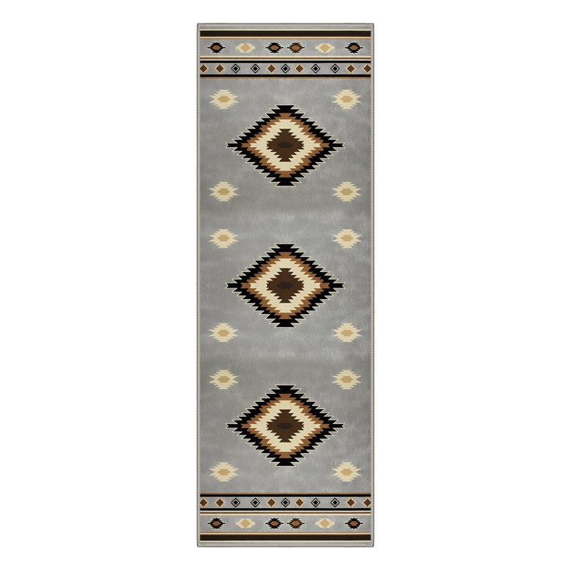 Modern Tribal Geometric Machine Washable Grey / Beige / Black Indoor Area Rug with Non-Slip Backing, Runner 2'6" x 8'