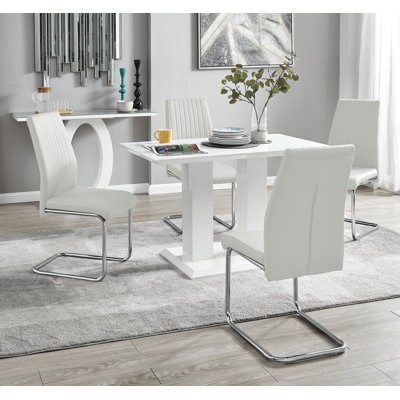 Edzard Double Pedestal High Gloss Dining Table Set with 4 Luxury Faux Leather Dining Chairs