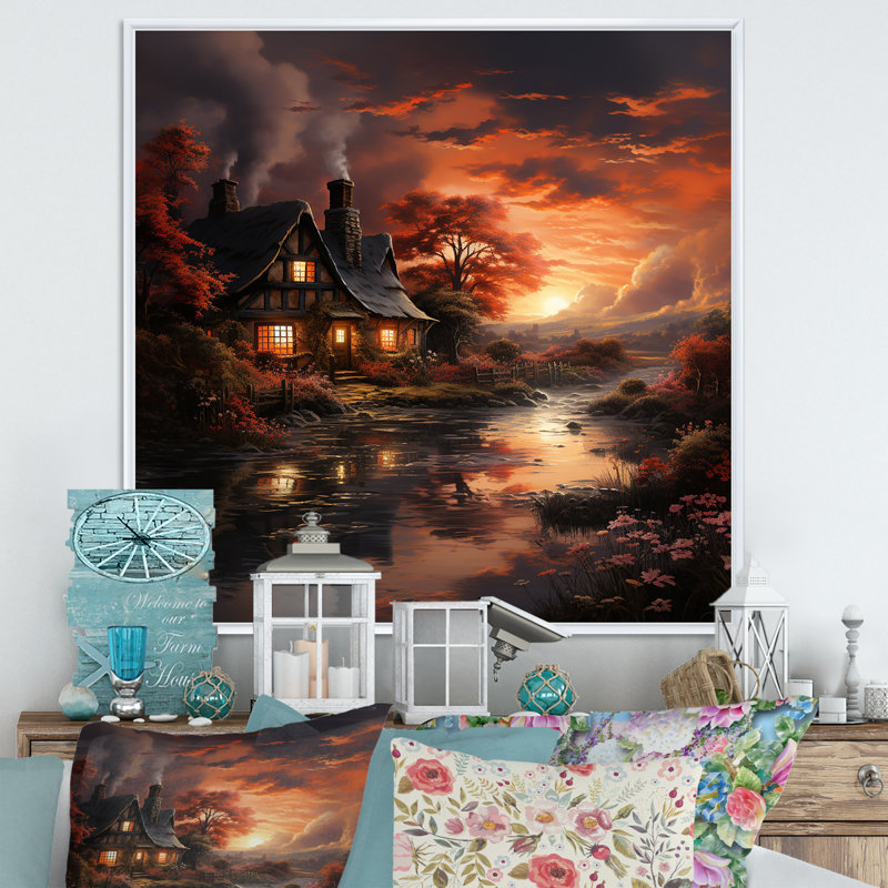 Cottage Sunset Sanctuary 3 - paysage, art mural sur toile, Encadrement doré, H 36 po x l 36 po x P 1,5 po
