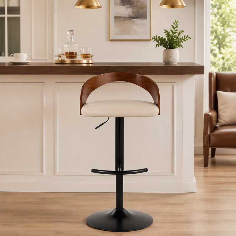 Tabouret réglable avec pivot en métal noir, bois de noyer et similicuir crème avec repose-pieds arrondi en T - ensemble de 3
