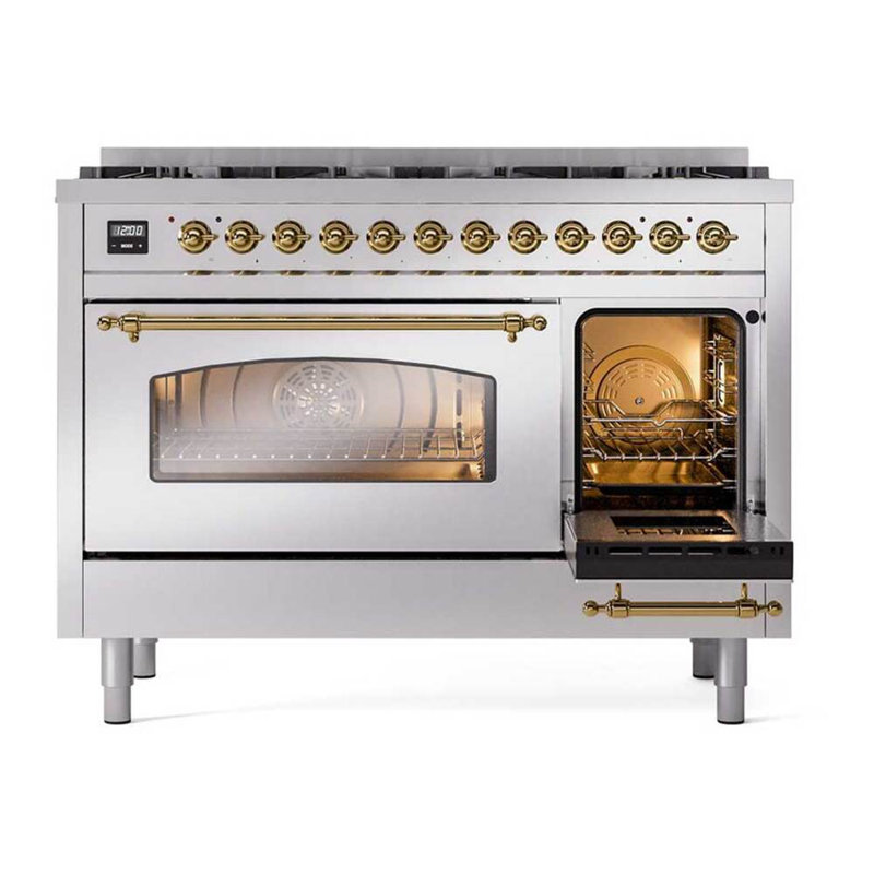 ILVE UPD406NMP Nostalgie II 48 inch Dual Fuel Range with 8 Total Black Brass Burners (Limited Edition), Stainless Steel