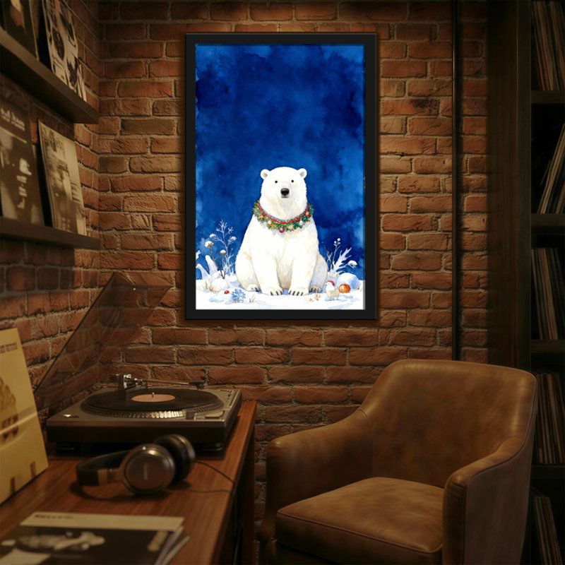 Scène enneigée de Noël ours polaire avec guirlande de Noël, H 18 po x l 12 po