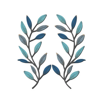 Ensemble de 2 décorations murales en métal en forme de branche d'olivier, vigne bleue rétro pour salon, chambre, couloir, cuisine, intérieur, extérieur, décoration de la maison