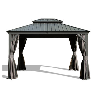 12' x 14' Hardtop Gazebo with Drainage System, Galvanized Steel Outdoor Canopy with Privacy Curtains & Mosquito Netting