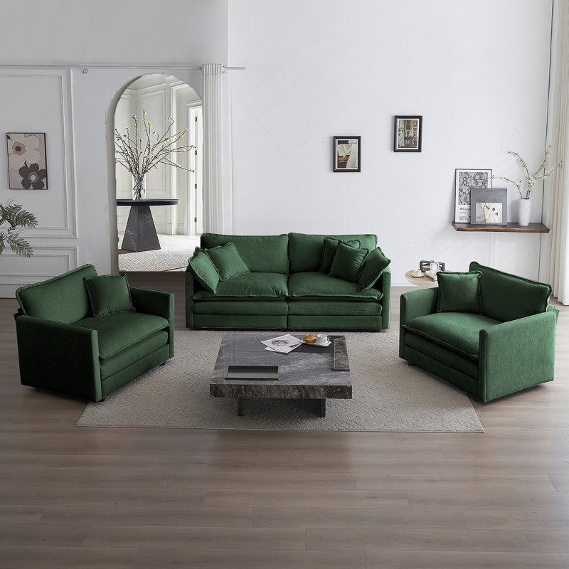 Ensemble de canapé 3 pièces avec coussin, ensemble de canapé comprenant 2 fauteuils et un canapé 2 places, Green