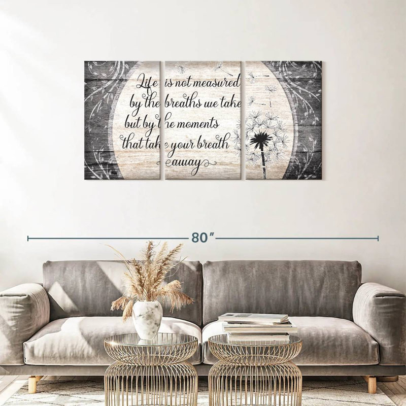 Mesure de la vie, citation de plusieurs impressions sur toile, H 56 po x l 27 po x P 1,25 po